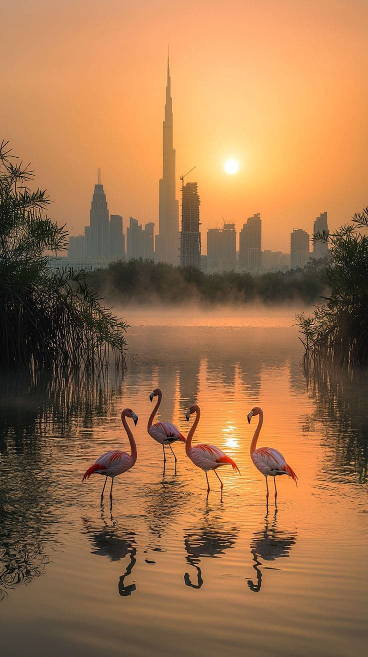 Des flamants roses à Ras Al Khor devant la silhouette de Dubaï à l’aube